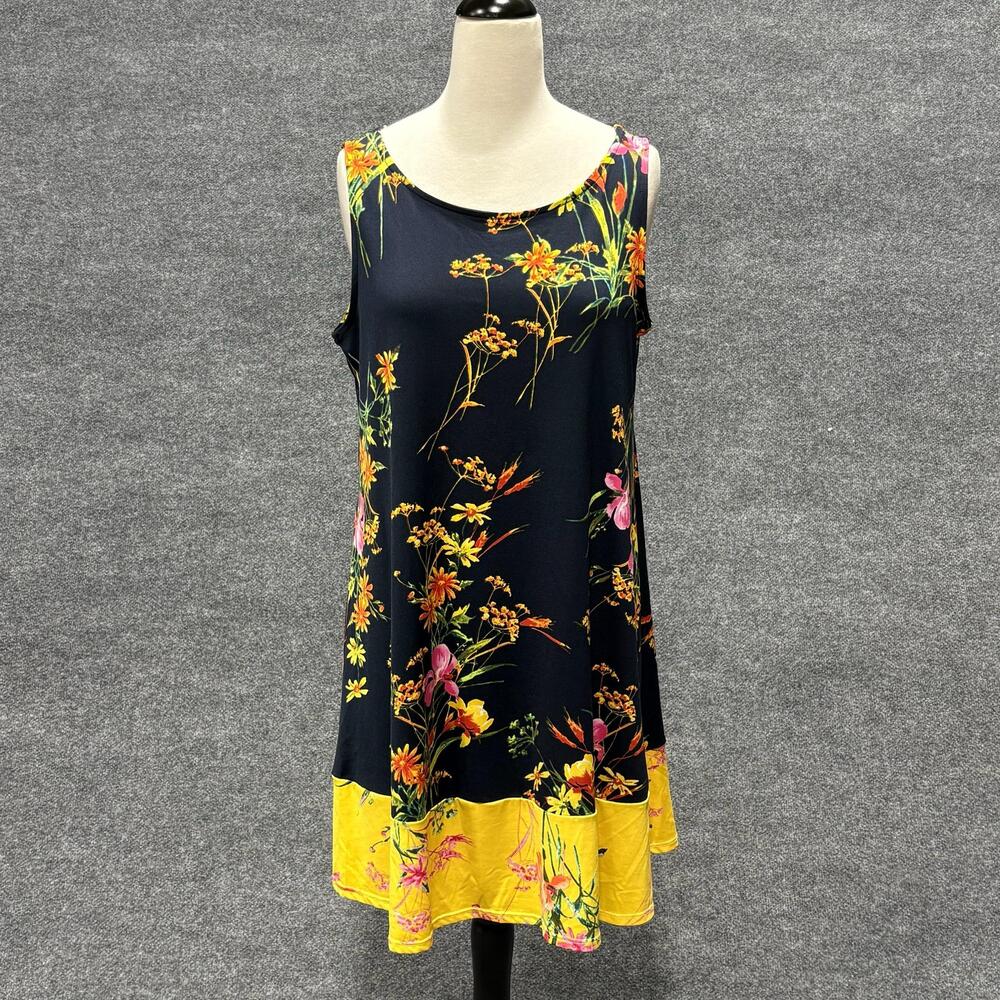 MSK Dress Womens M Navy Yellow Floral Scoop Neck Sleeveless A Line Knee Length